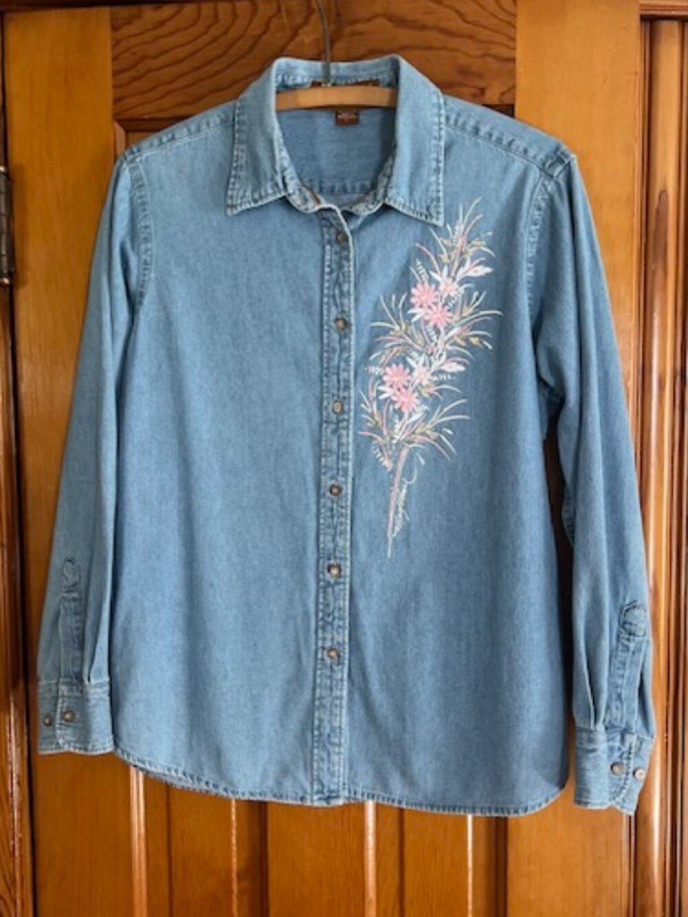 VINTAGE Harriton Embroidered Denim Button-Up  Cotton Jean Shirt Woman's Large